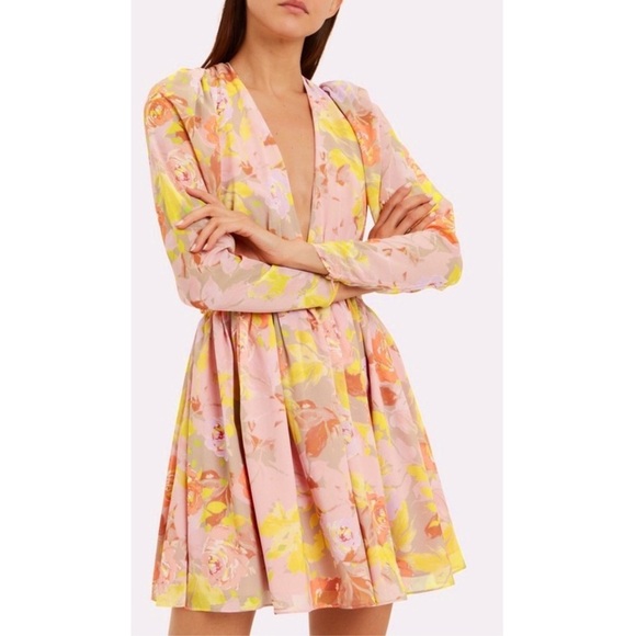 RONNY KOBO Floral Chiffon Puff Long Sleeve Pleated V-Neck Open Back Tie Dress XS - Picture 3 of 8